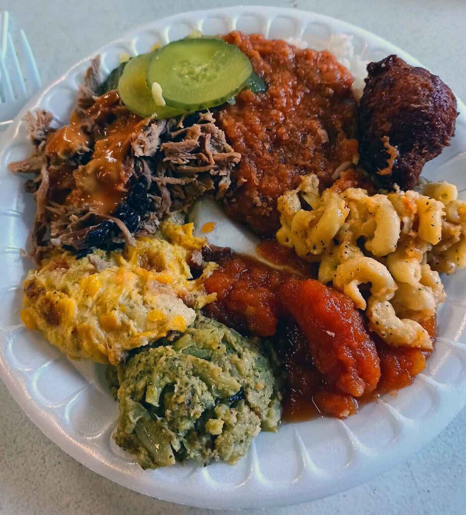 Plate of barbecue, hash and sides from Dukes of Blackville