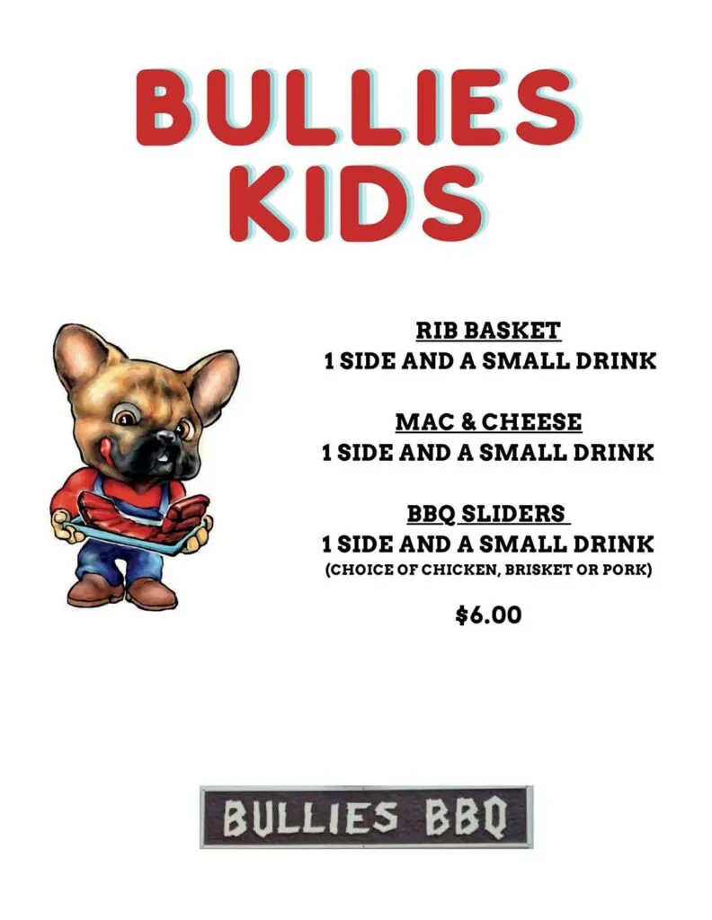 Kids menu for Bullies BBQ.