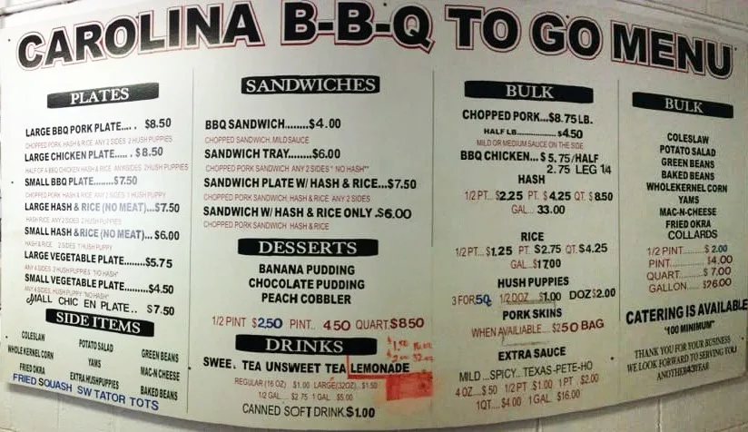 Menu for Carolina Bar-B-Que in New Ellenton