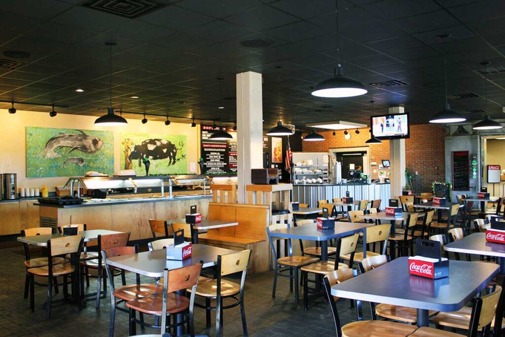 Interior of Doc's BBQ showing seating and ambiance.