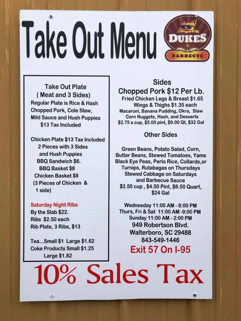 Menu for Dukes Barbecue in Walterboro