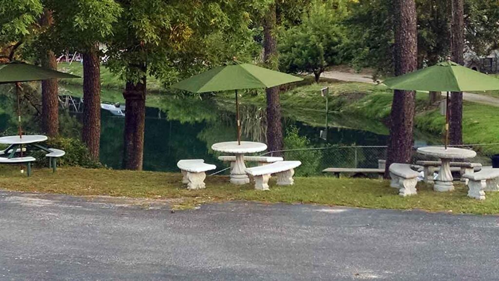 Pond with concrete picnic tables with green umbrellas beside Hite's BBQ in West Columbia