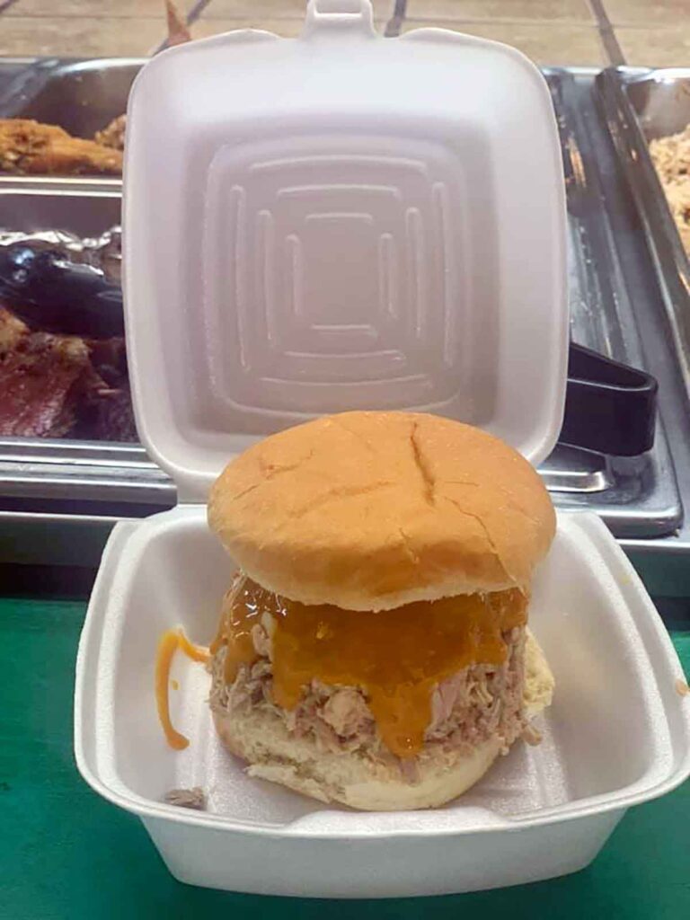 Large pork BBQ sandwich with mustard sauce sitting in styrofoam clamshell container; other foods in the background