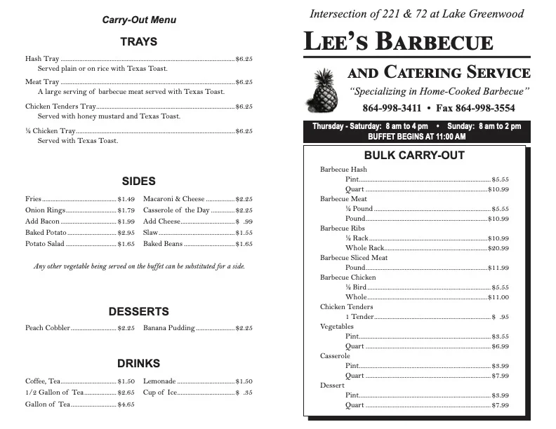 Lee's Barbecue Menu