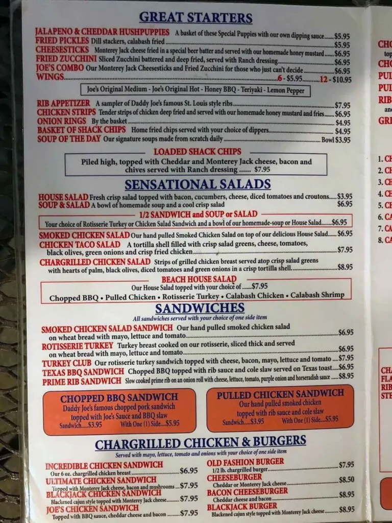 Menu for Daddy Joe's