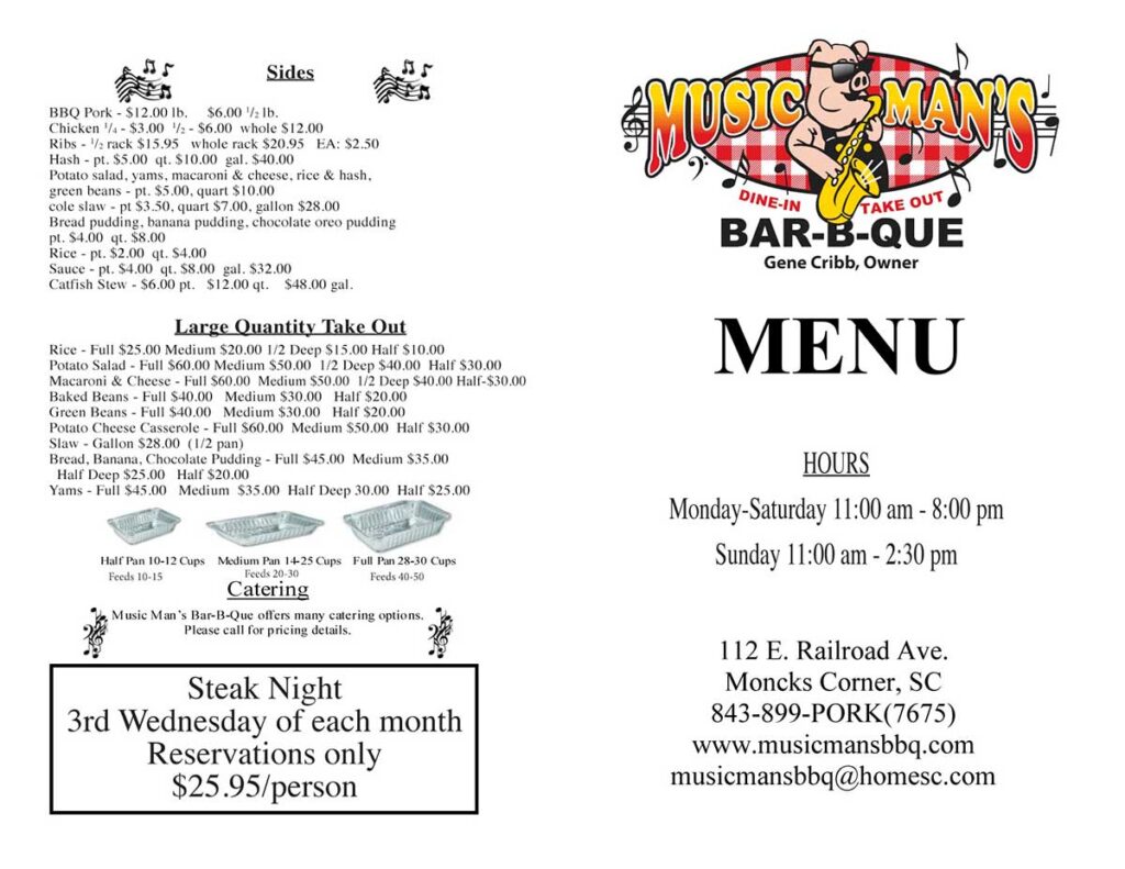 The back side of the menu for Music Man's Bar-B-Que.