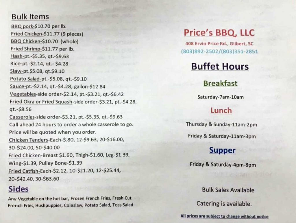 Menu 2 for Price’s Bar-B-Que in Gilbert