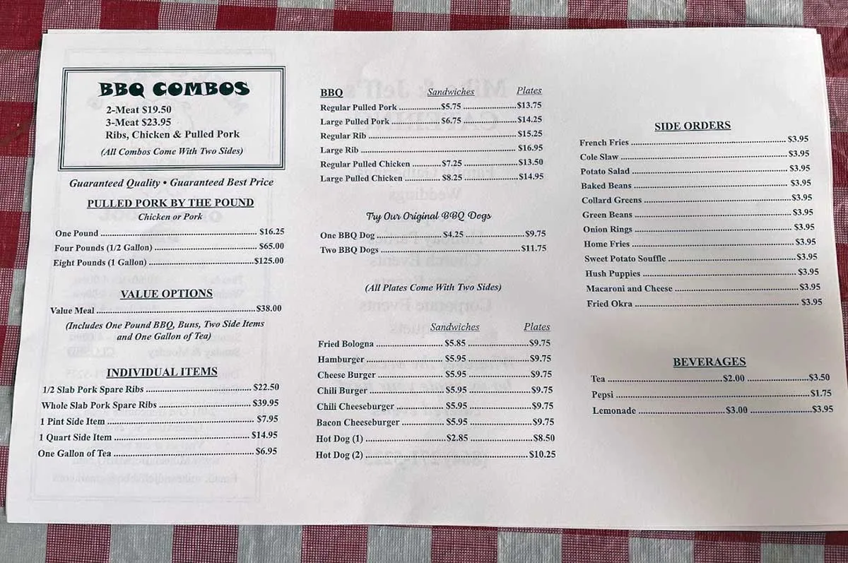 Menu for Mike & Jeff's BBQ in Greenville.