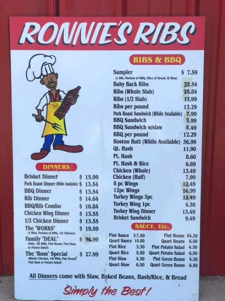 Menu for Ronnie's Ribs Elgin