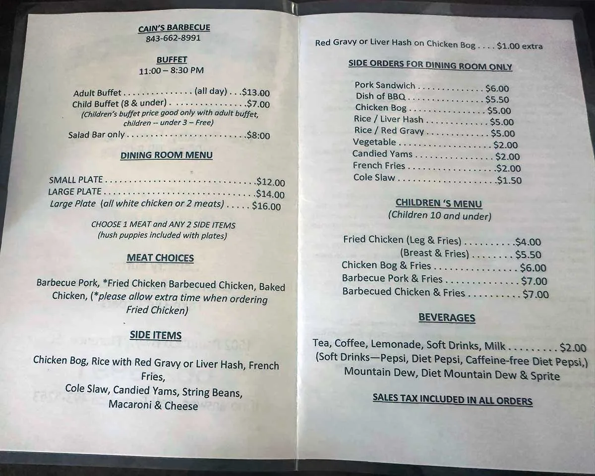 Menu for Cain's BBQ in Florence, SC.