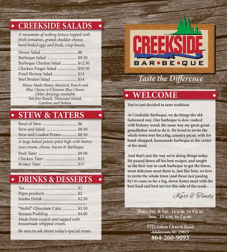 Front menu for Creekside Bar-be-que