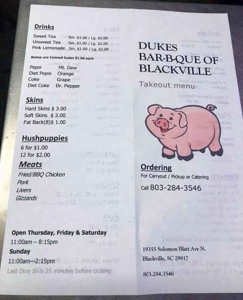 Front of Menu for Dukes BBQ of Blackville