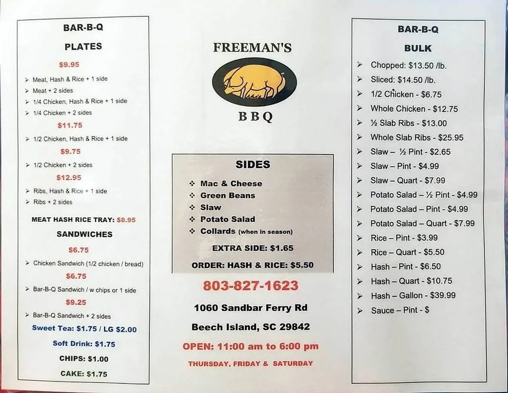 Menu for Freeman’s Bar-B-Que in Beech Island
