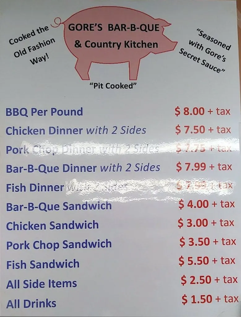 Menu for Gore's BBQ & Country Kitchen in Aynor