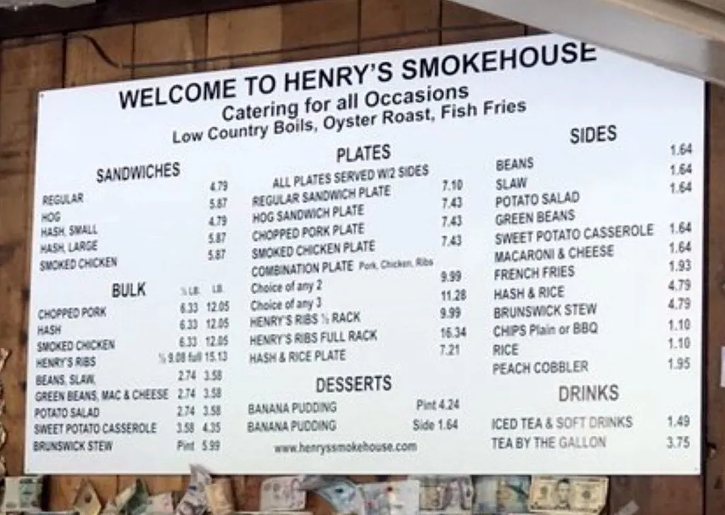 Menu for Henry's Smokehouse in Simpsonville