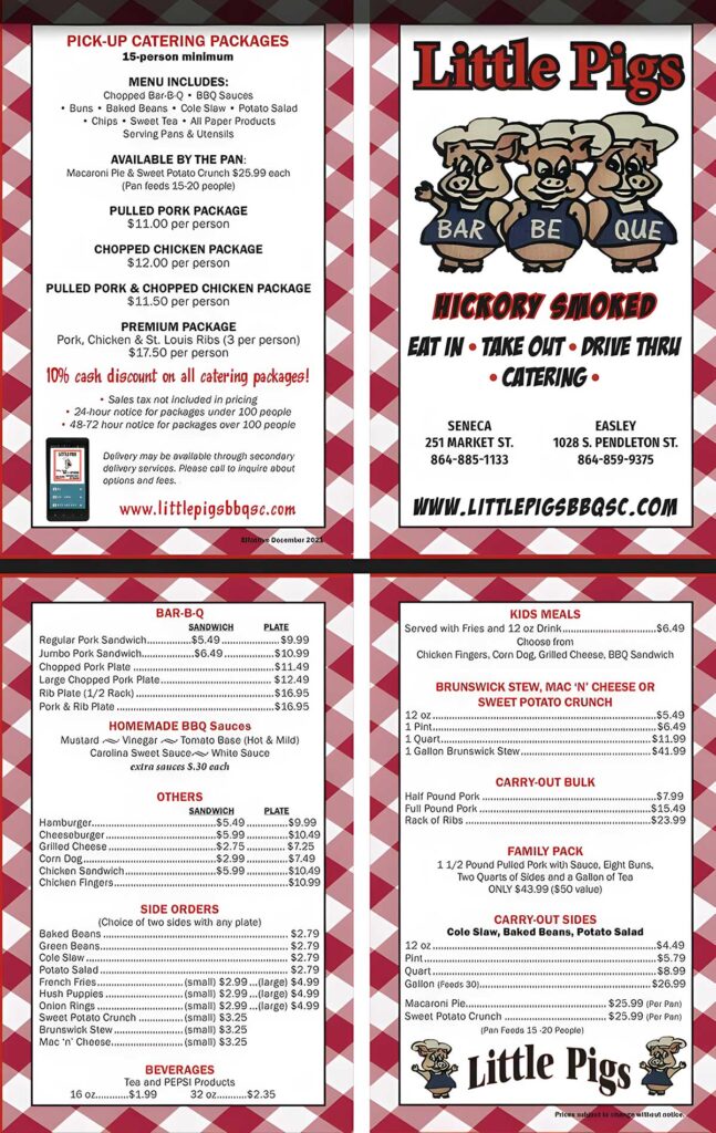 Menu for Little Pigs BBQ in Seneca and Easley.