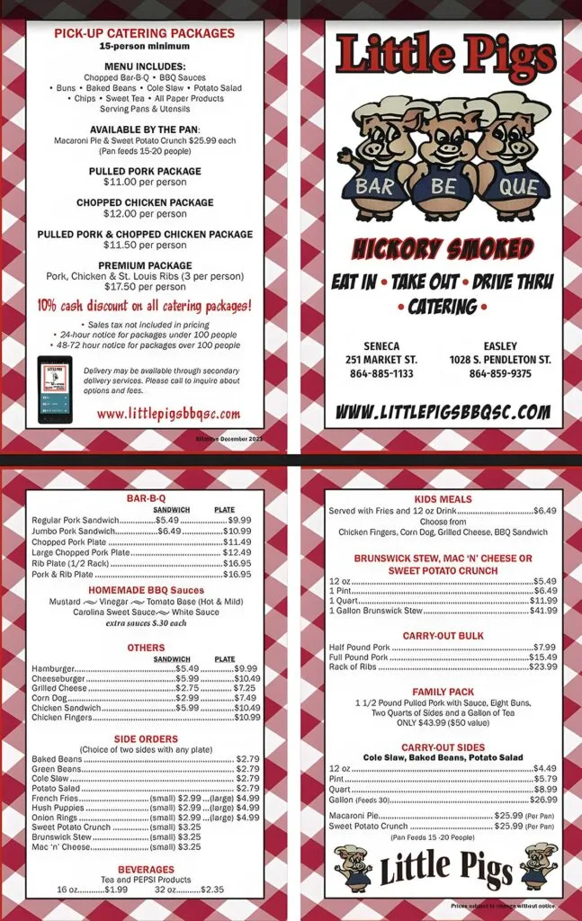 Menu for Little Pigs BBQ in Seneca and Easley.
