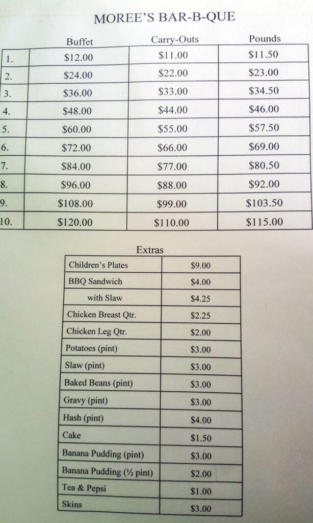 Menu for Moree’s Bar-B-Que near Andrews