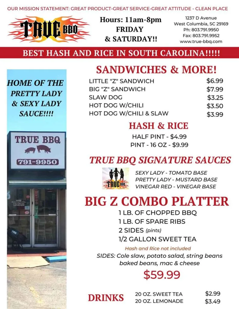 Menu for True BBQ in West Columbia