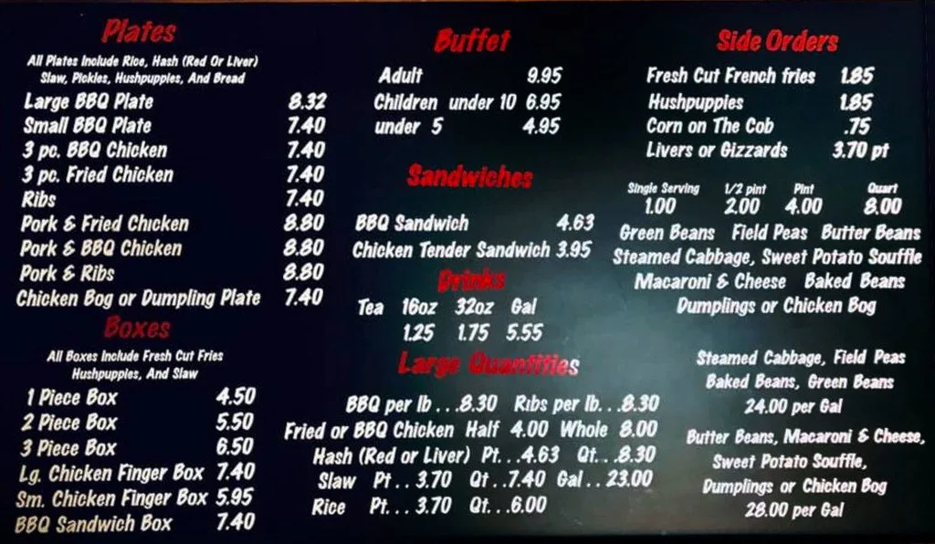 Menu for Westwood BBQ in Hartsville