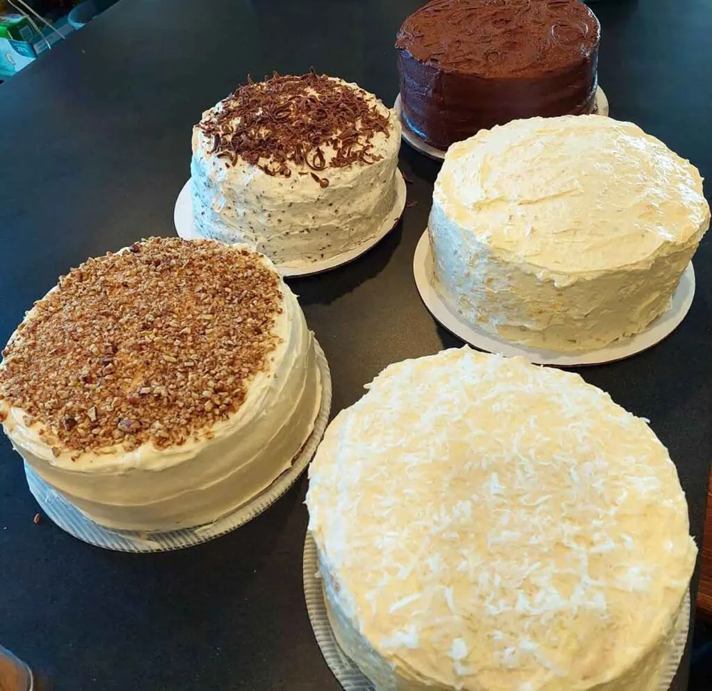 Five different homemade cakes.
