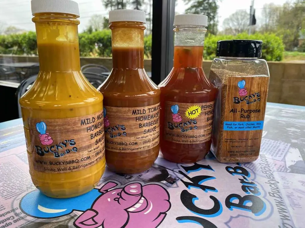 The sauces and rub offered at Bucky's BBQ.