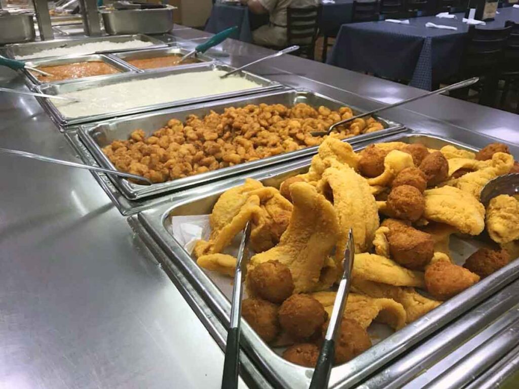 Seafood and other items on Shealy's BBQ Buffet