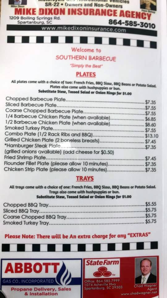 Southern Barbeque of Spartanburg Menu