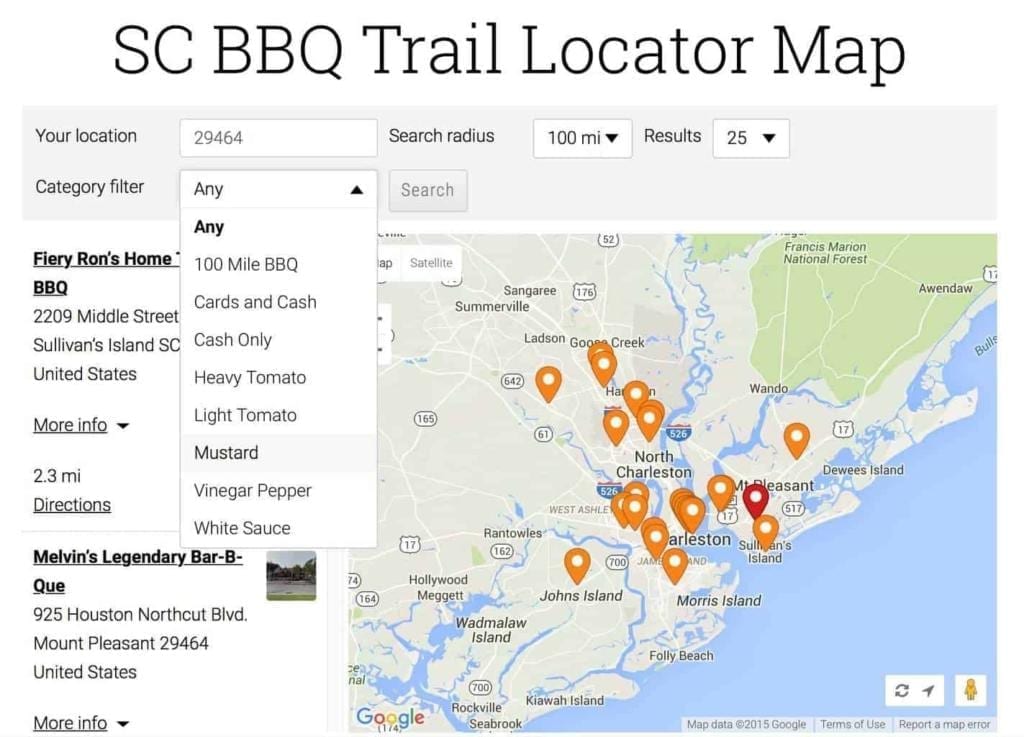 SC BBQ Trail Map with Filters