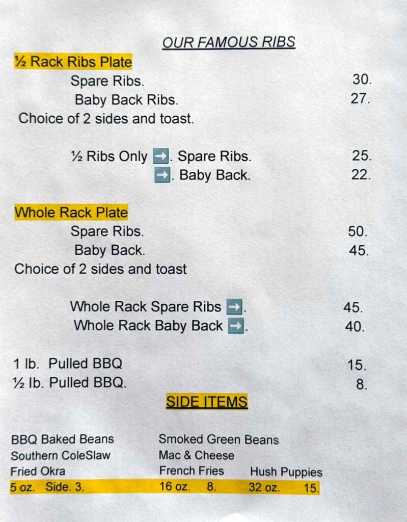 Menu 2 for Bluegrass BBQ in Cowpens.