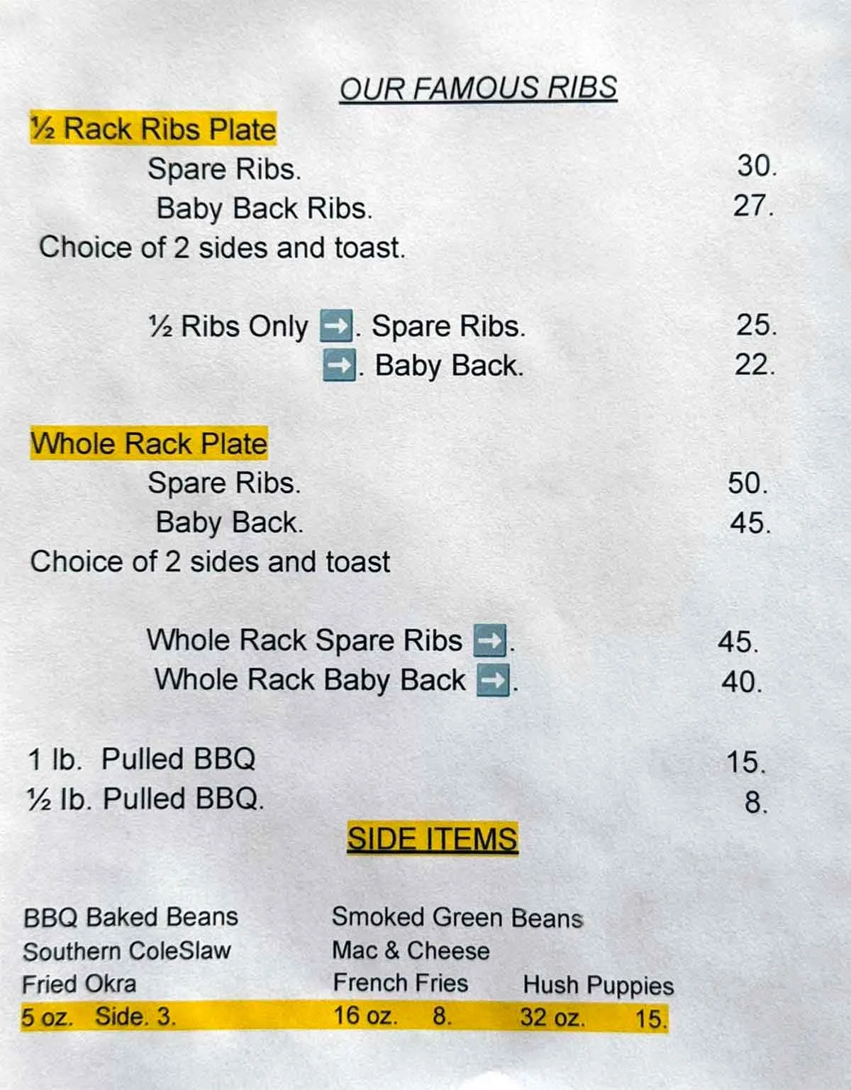 Menu 2 for Bluegrass BBQ in Cowpens.