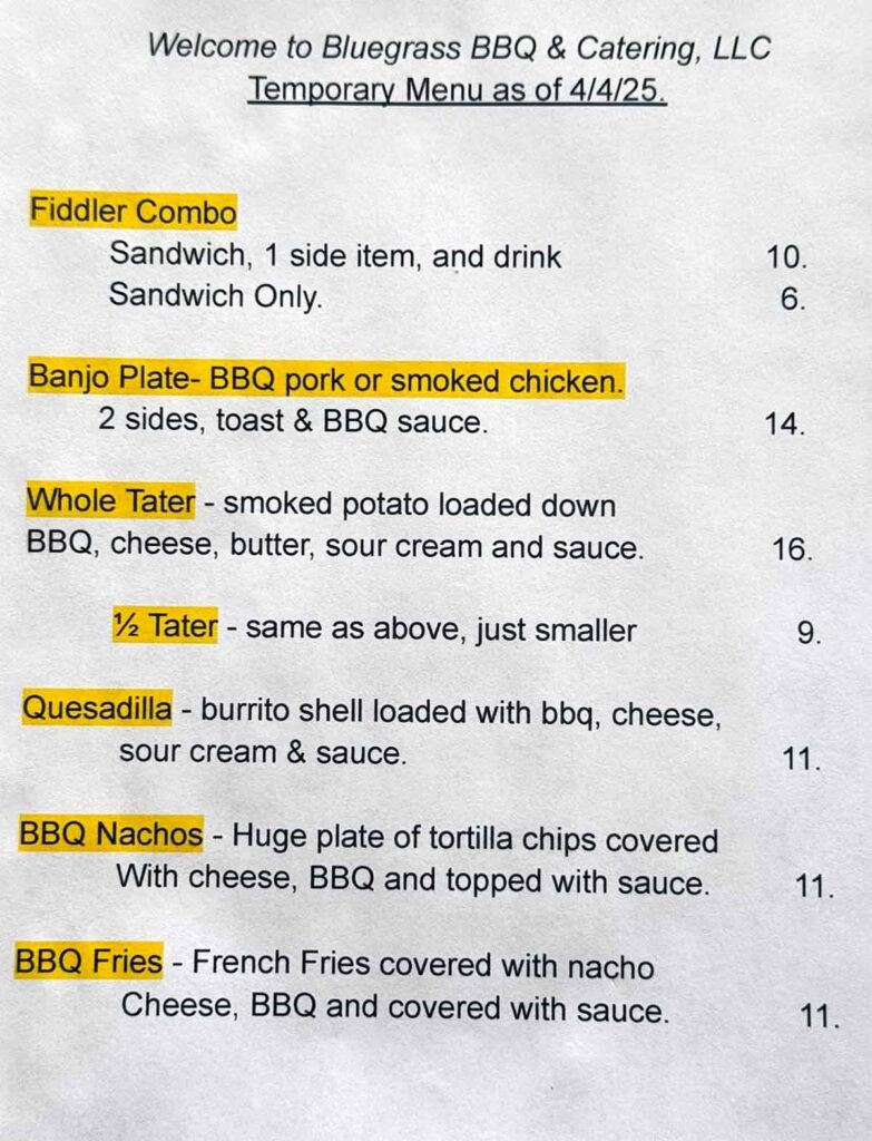 Menu for Bluegrass BBQ in Cowpens.