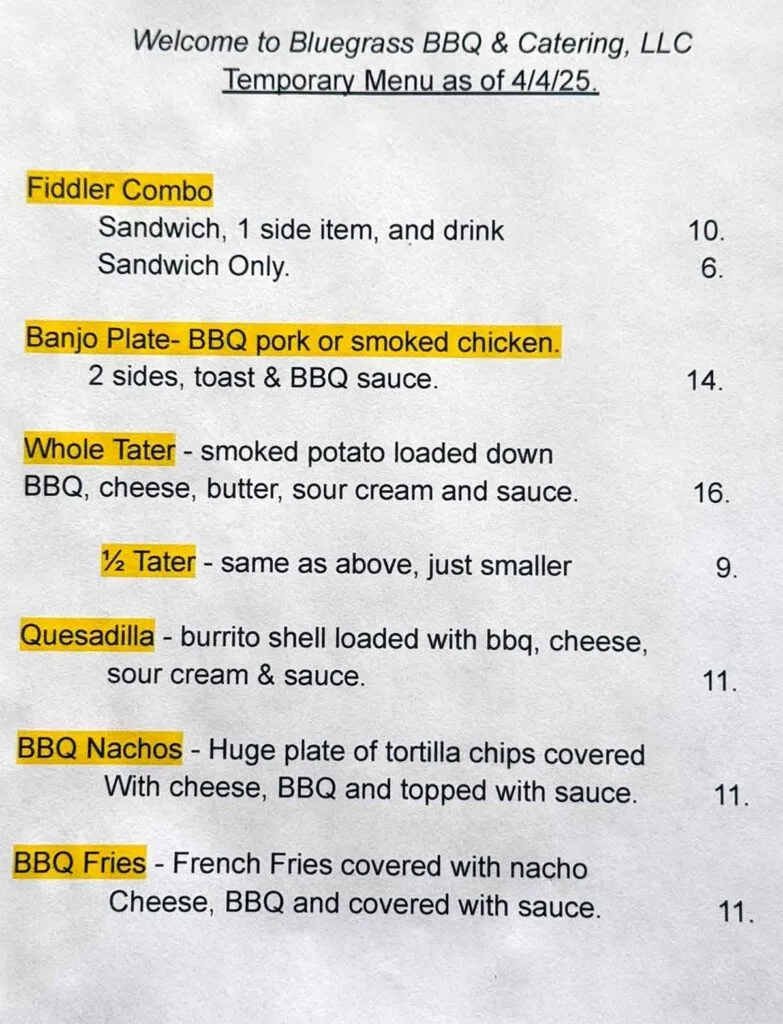 Menu for Bluegrass BBQ in Cowpens.