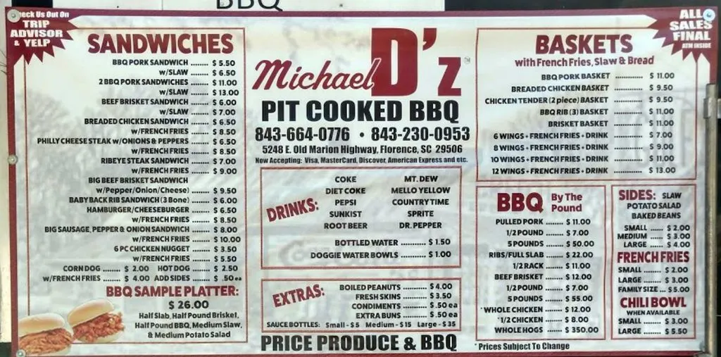Menu for D'z Pit BBQ near Florence, SC