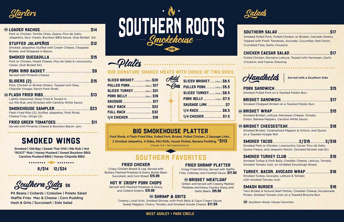 Menu for Southern Roots Smokehouse.