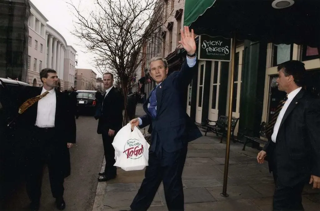 President George W. Bush gets Sticky Fingers to go.