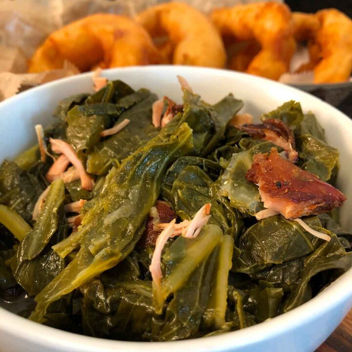 Melvin's collard greens with onion rings in background