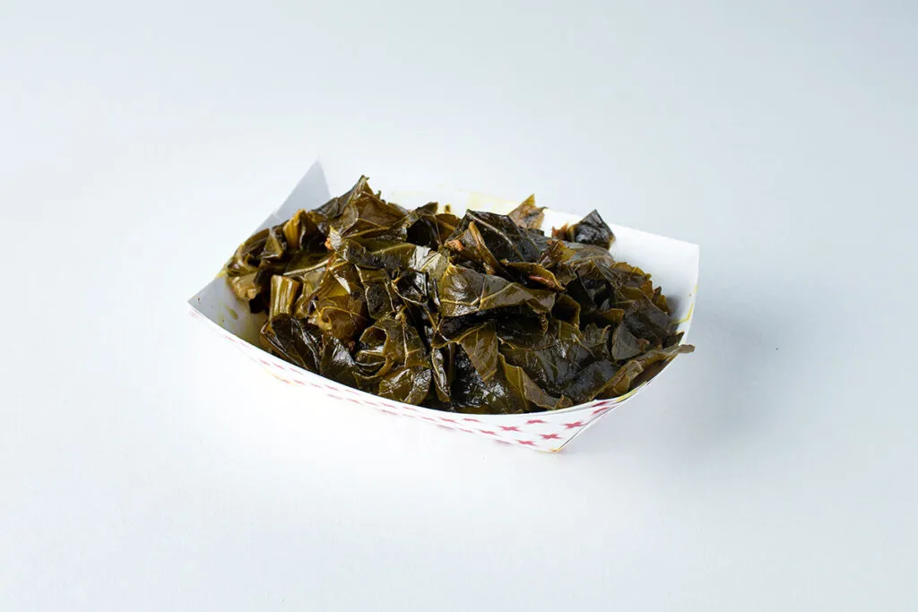 Tray of collard greens from Rodney Scott's BBQ in Charleston