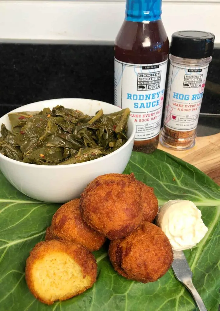 Rodney Scott's Collard Greens, Hush Puppies, Rodney's Sauce, and Hog Rub