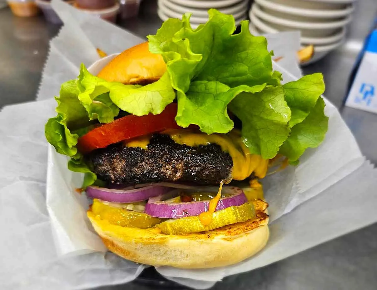 Closeup of hamburger with lettuce, red onions and pickles.