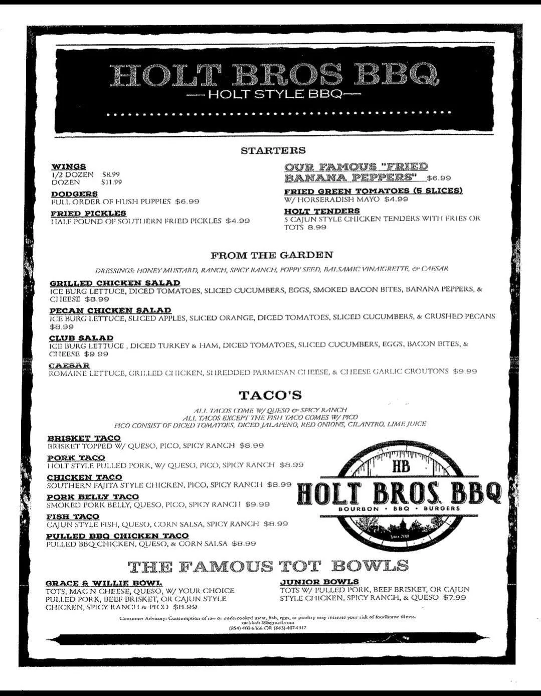 Holt Bros BBQ in Florence Menu 1