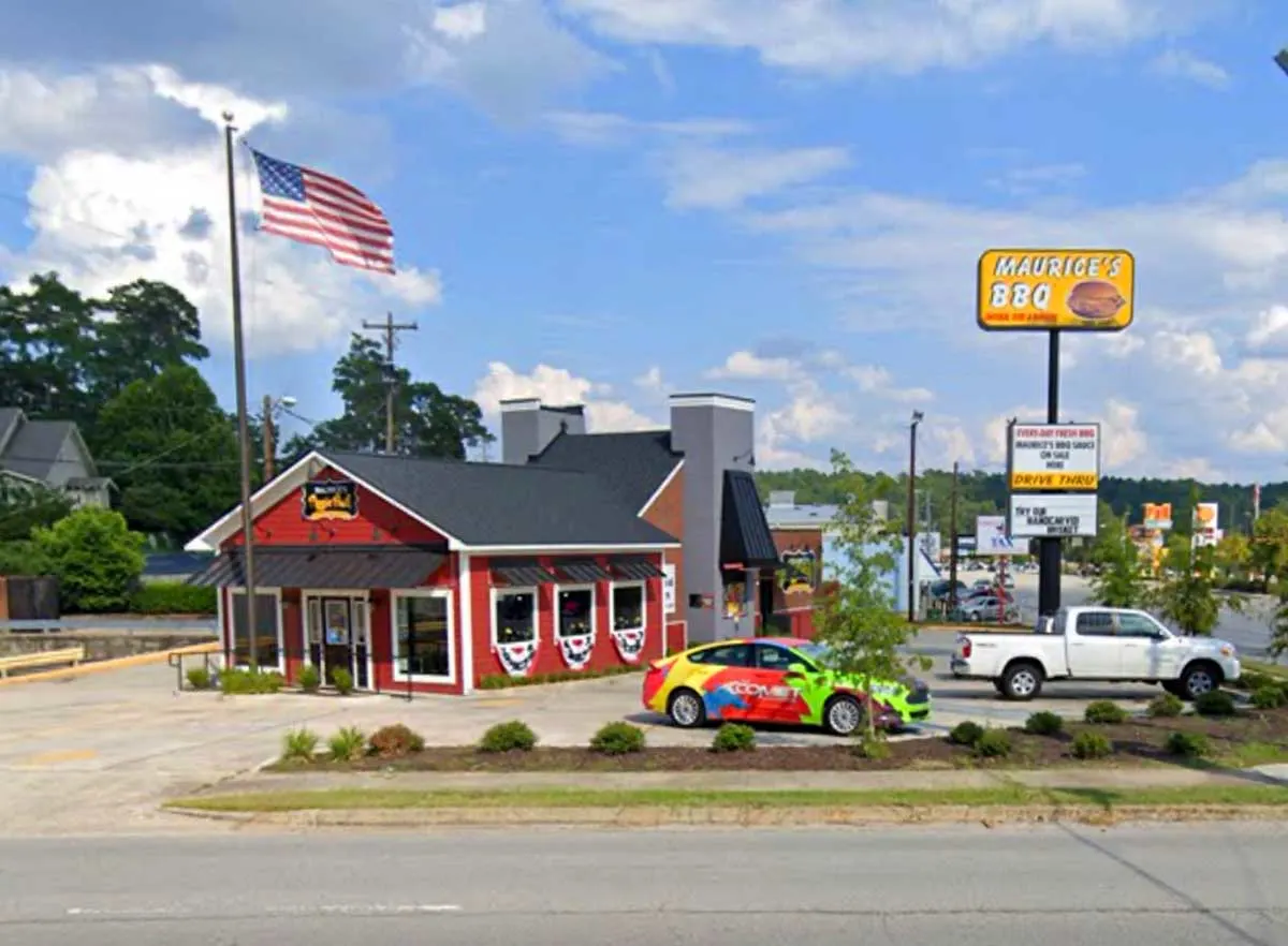 Exterior of Maurice's Piggie Park on Devine St. in Columbia