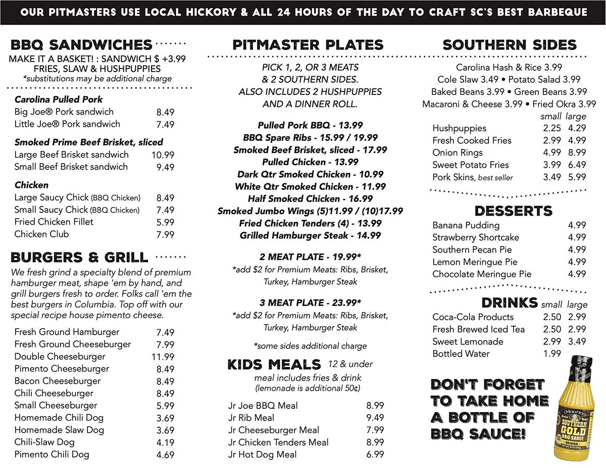 Front Menu for Maurice's Piggie Park BBQ.