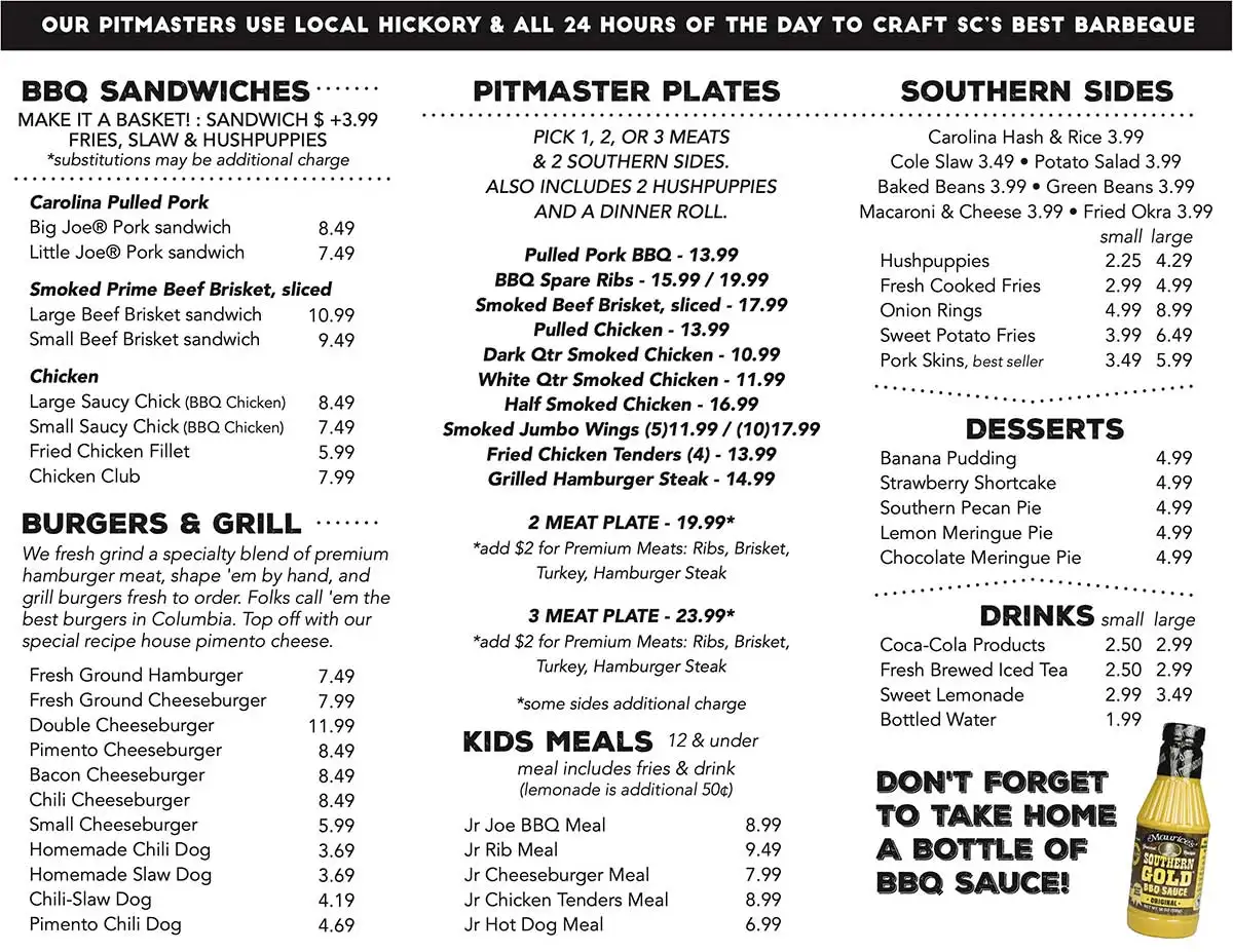 Front Menu for Maurice's Piggie Park BBQ.