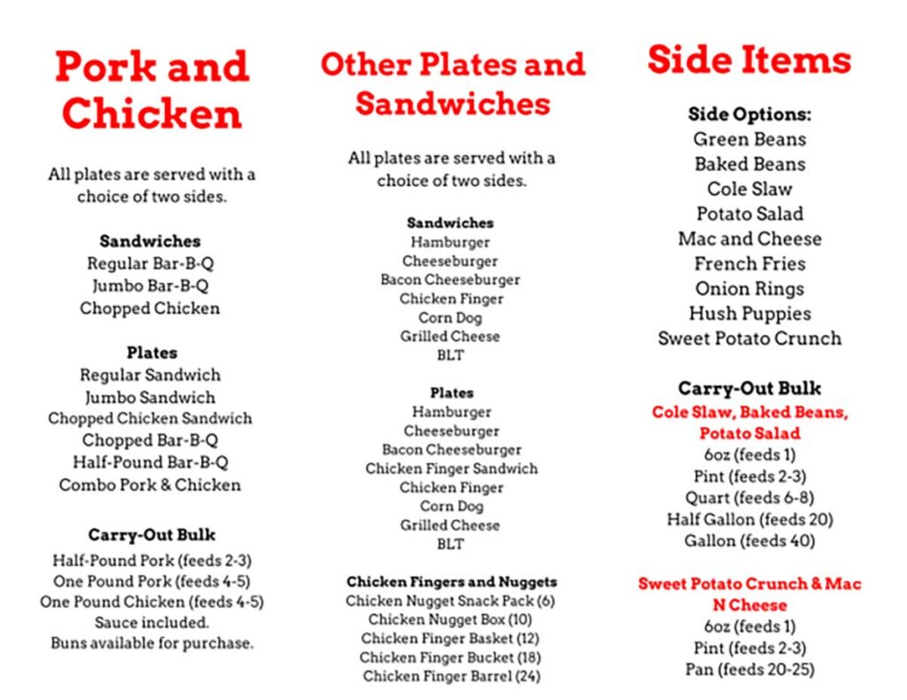 Menu for Little Pigs Bar-B-Q in Greer.