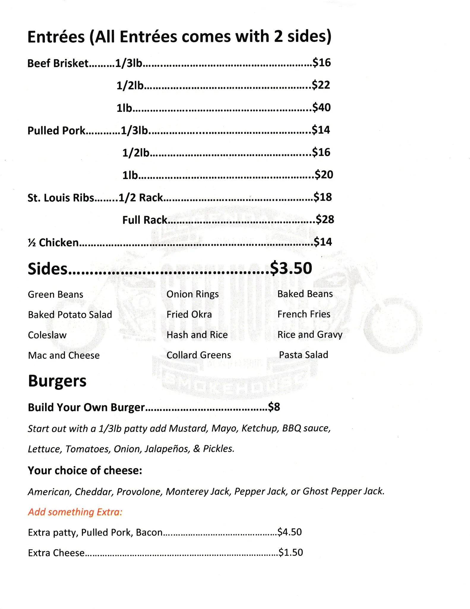 Menu for Steelhorse Smokehouse.