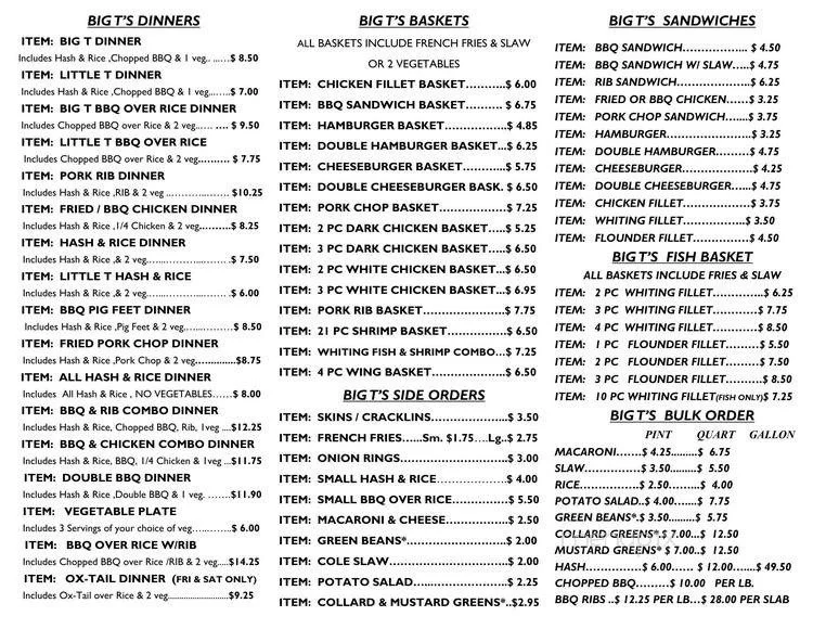 Menu 2 for Big T’s Bar-B-Que on Congaree