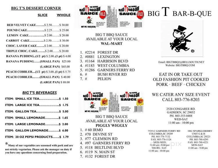 Menu for Big T’s Bar-B-Que on Congaree