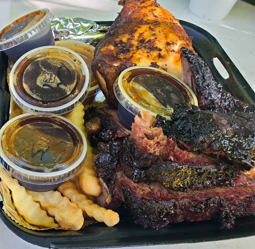 BBQ chicken and brisket with fries