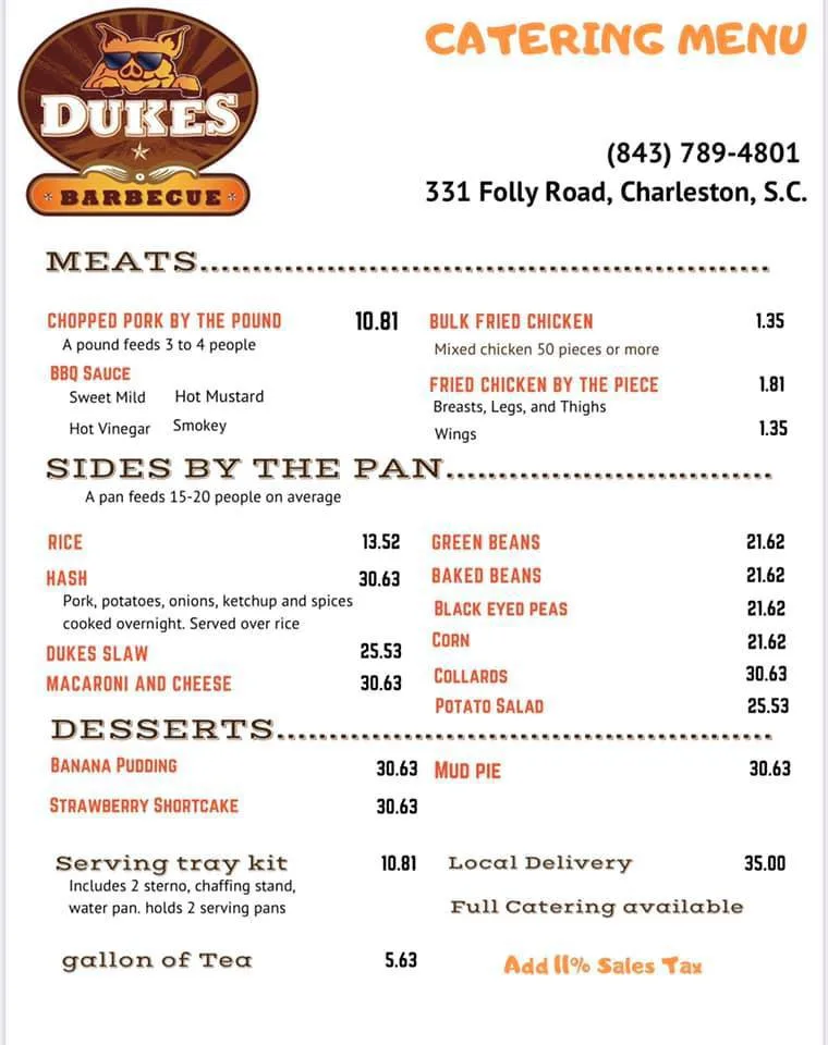 Catering Menu for Dukes Barbecue on James Island